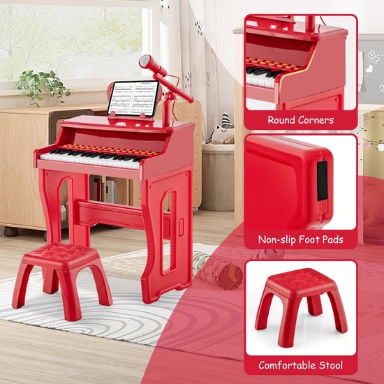 Rood kinderkeyboard met krukje, microfoon, ronde hoeken en antislipvoetjes.