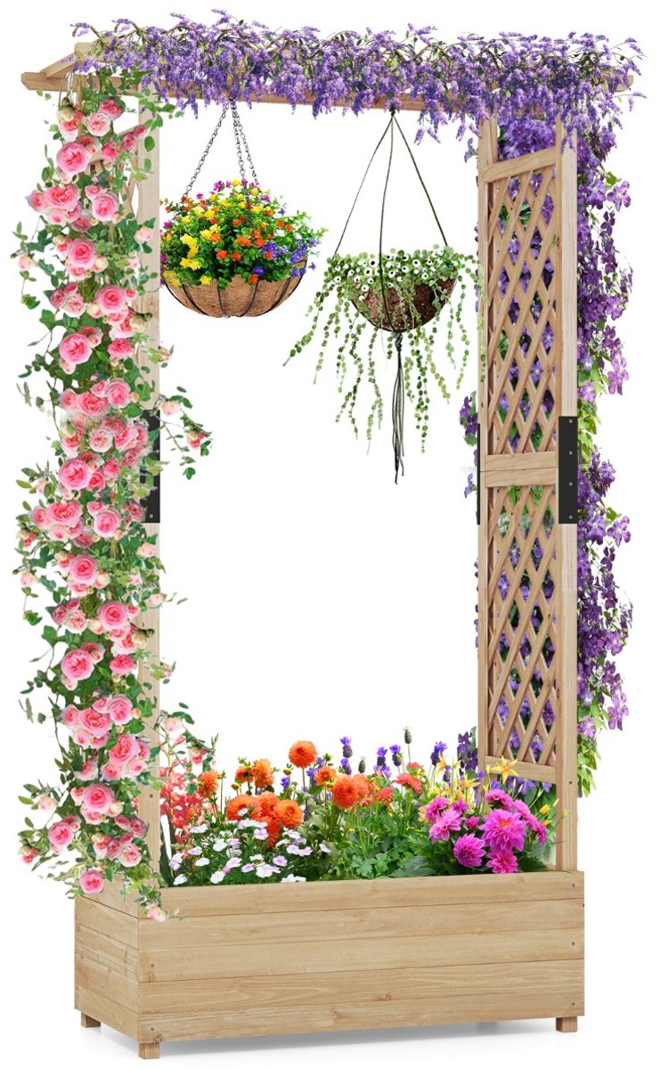 SureDeal® - Plantenbak - Verhoogd Bloembed - Rankrooster - Hangend Dak Bloembak - Klimplanten - Hangende Manden - 110x44x182 cm - Naturel