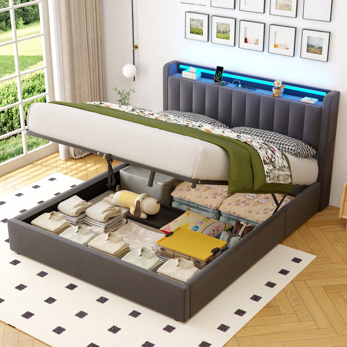 OKWISH Bedframe met Opbergruimte – 160 x 200 cm – Fluweel, Metaal en Hout – Donkergrijs – Met Usb Aansluiting en Ledverlichting voor Slaapkamer