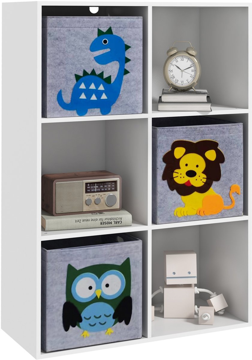 Kinderboekenkast voor kinderen vanaf 3 jaar met 6 vakken en 3 lades, gemaakt van non-woven stof, 61,8 x 29,9 x 91,5 cm, wit en grijs.