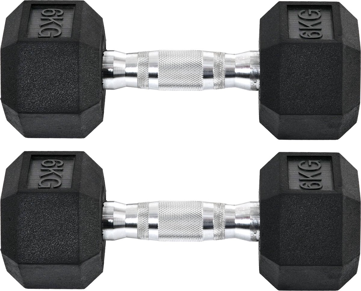 2x6kg halterset met metalen verbindingsstang en zeskantkop voor thuistraining, zwart en zilver