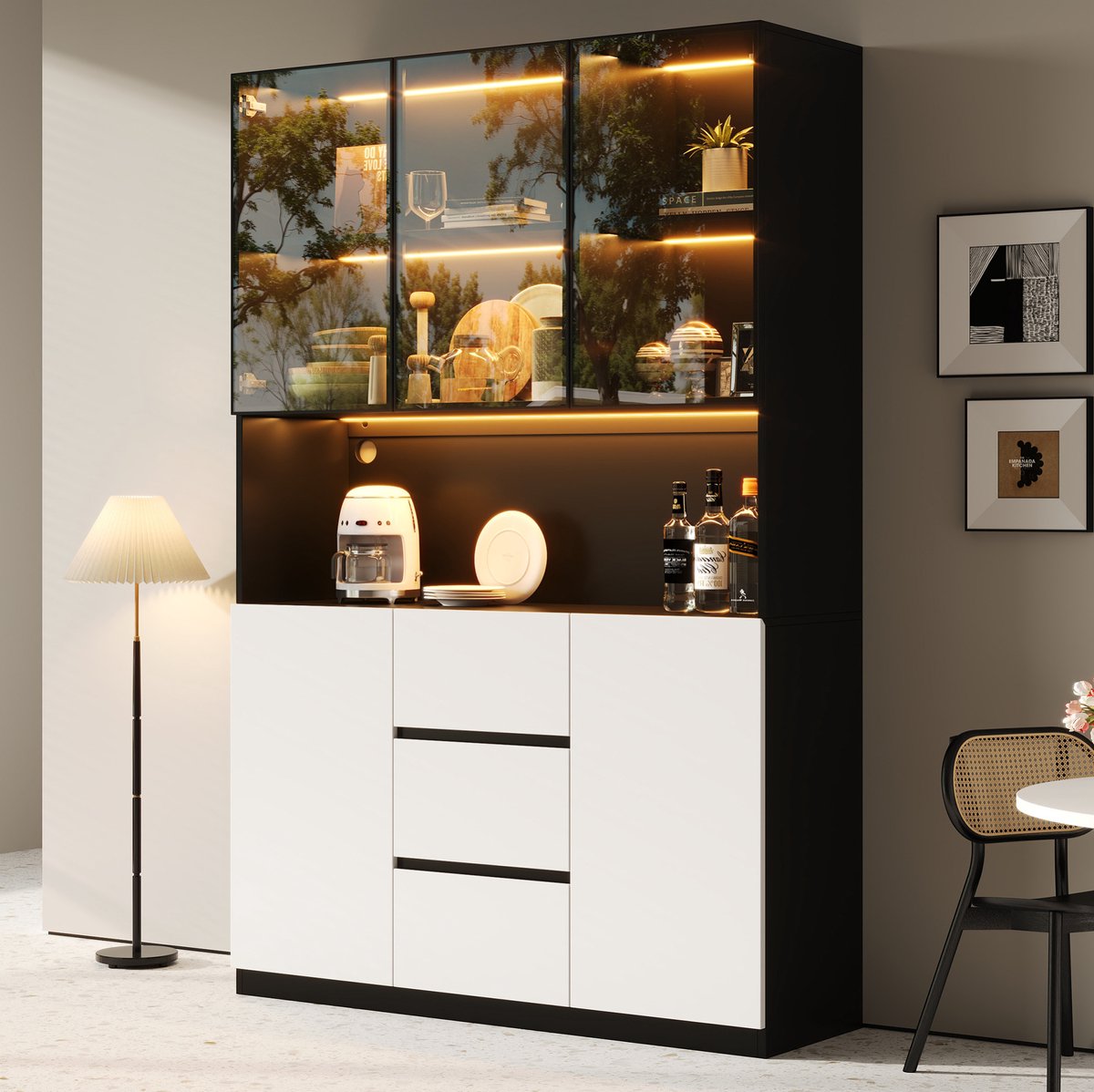 REDOM - Vitrinekast - Gehard glas - Open vak - Met LED-verlichting - Moderne stijl - Woonkamer en eetkamer - MDF - Zwart - 120 x 40 x 200 cm