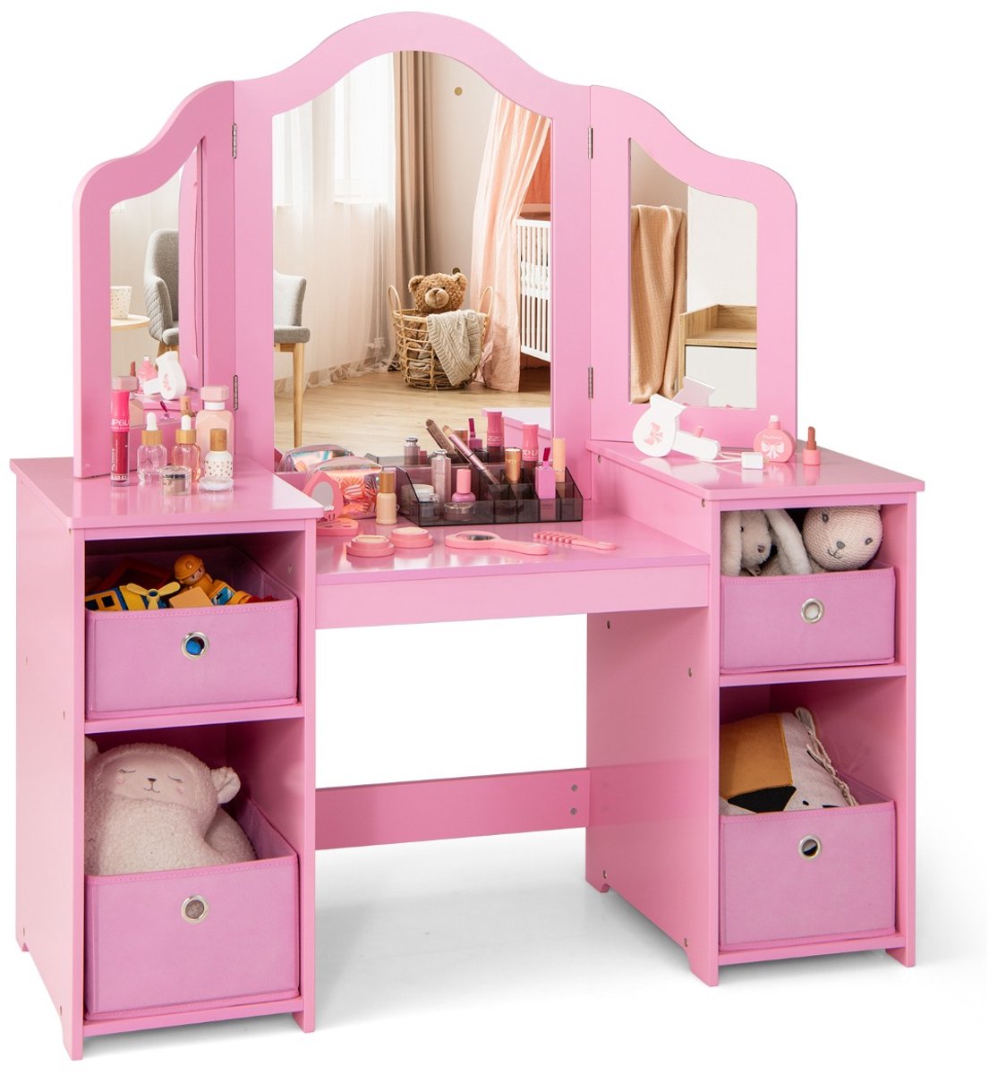 SureDeal® - Kaptafel - Kinderkaptafel - Afneembare Driewegspiegel Make - Vakken - Stoffen Opbergbakken - 104x40x117 cm - Roze