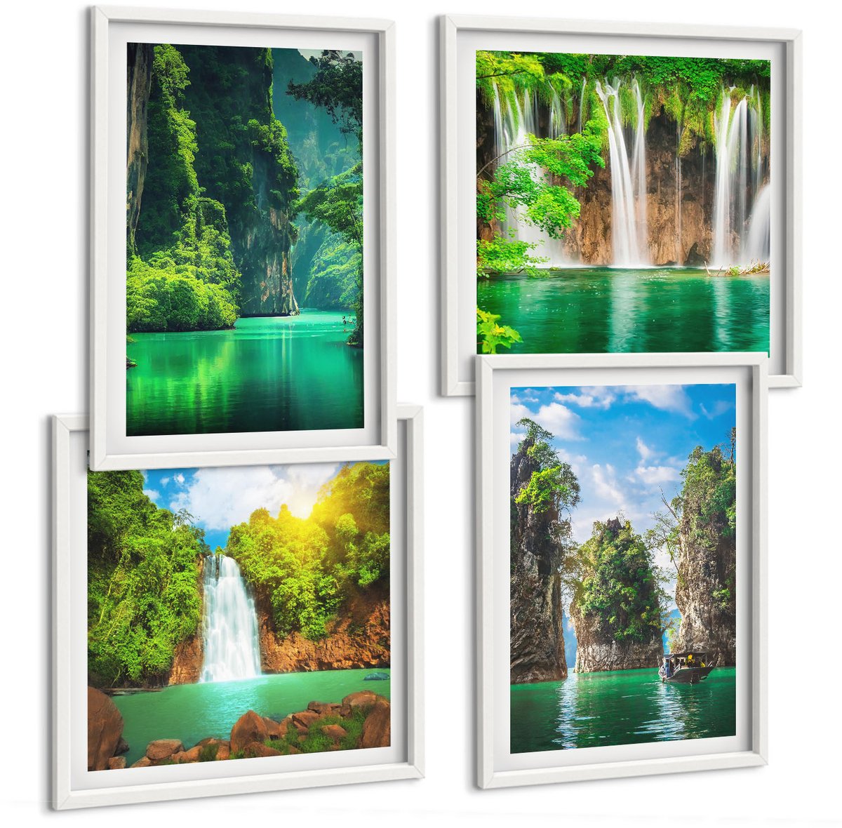 Wallfluent 4-Delige Schilderij Set - Groene Landschappen Met Watervallen En Rotsen - 40 x 40 En 40 x 60 - Wanddecoratie - Muurdecoratie - Moderne Interieurdecoratie