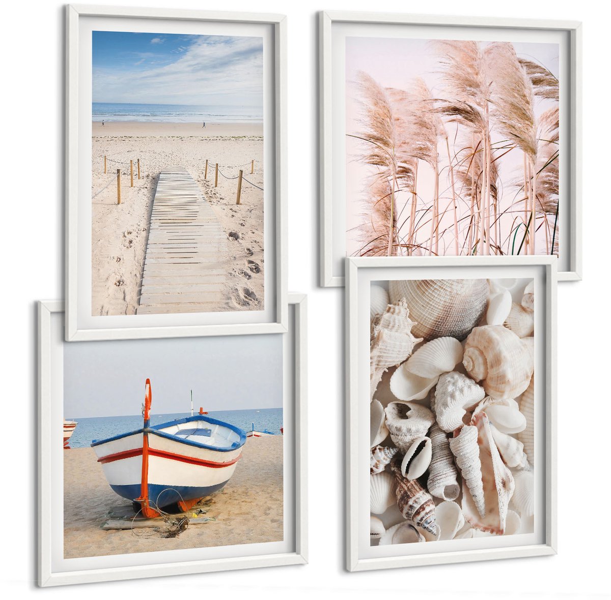 Wallfluent 4-Delige Schilderij Set - Zandstrand Boot Schelpen Gras Boho - 40 x 40 En 40 x 60 - Stijlvolle Muurdecoratie - Kantoor - Interieur Decoratie