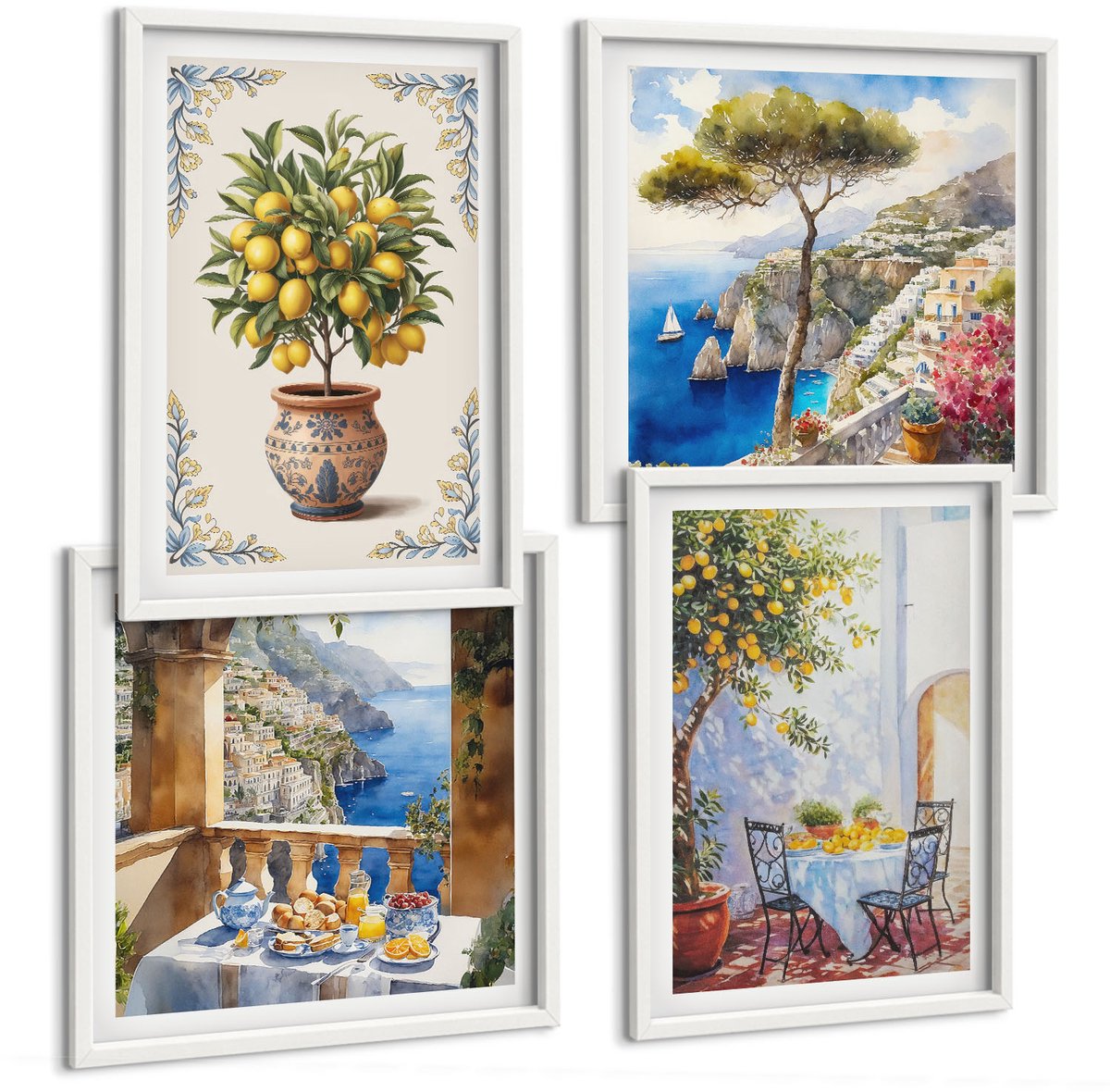 Wallfluent 4-Delige Schilderij Set - Zeezicht Met Citroenboom En Tuintafel - 40 x 40 En 40 x 60 - Muurdecoratie - Interieur Decoratie