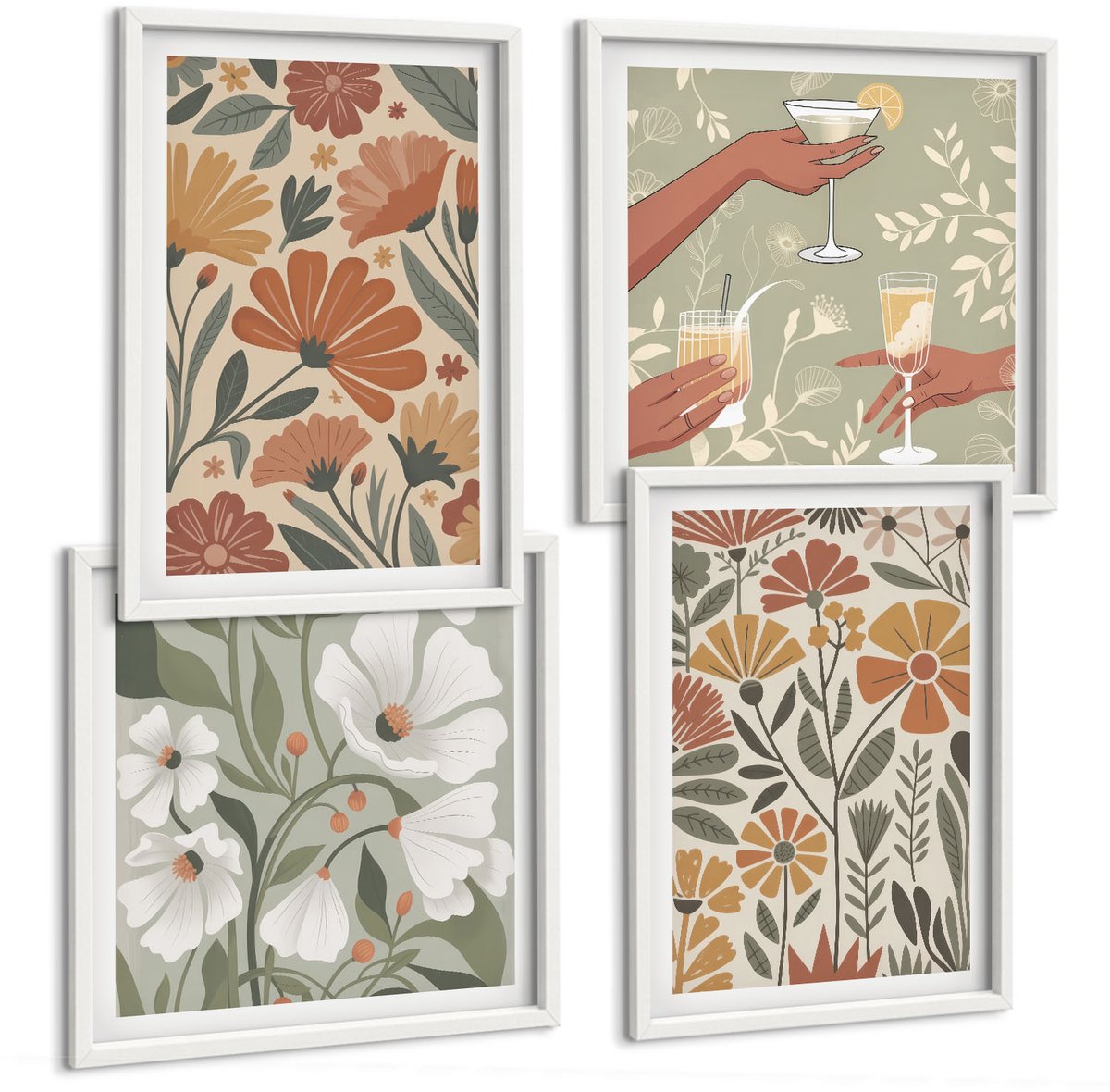 Wallfluent 4-Delige Schilderij Set - Bloemenpatronen In Oranje En Groene Tinten. - 40 x 40 En 40 x 60 - Muurdecoratie - Decoratieve Schilderijen - Wohnzimmer - Interieur Decoratie