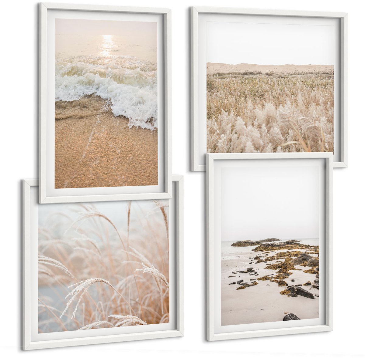 Wallfluent 4-Delige Schilderij Set - Strand Met Golven En Zeestenen In De Zomer - 40 x 40 En 40 x 60 - Wanddecoratie - Muurdecoratie - Moderne Interieurdecoratie - Woonkamer Decoratie