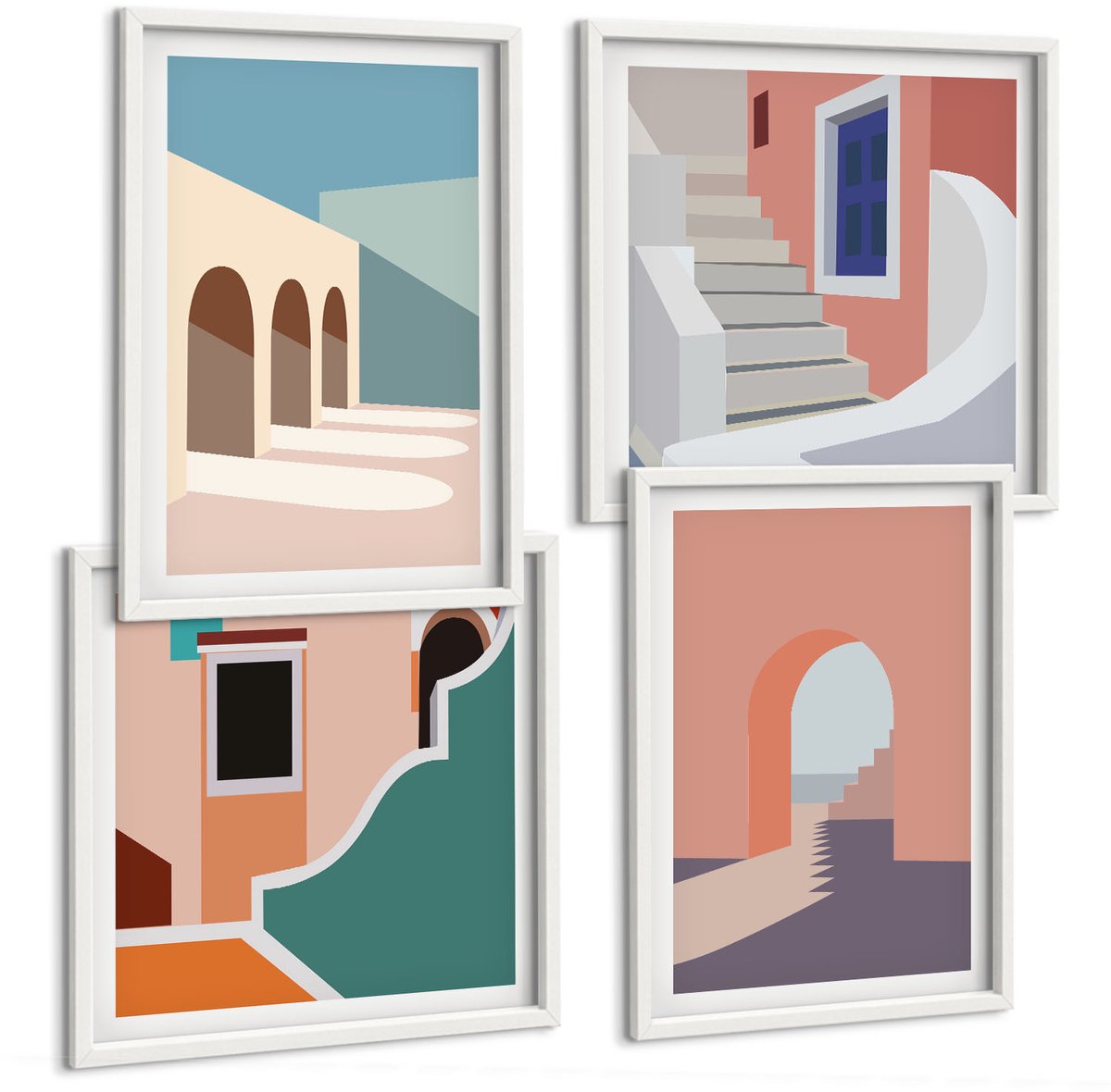 Wallfluent 4-Delige Schilderij Set - Pastel Minimalistische Stedelijke Architectuurafbeeldingen - 40 x 40 En 40 x 60 - Stijlvolle Muurdecoratie - Slaapkamer - Woonkamer Decoratie