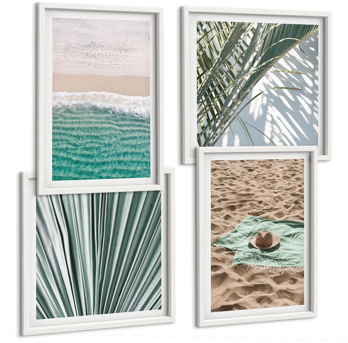 Wallfluent 4-Delige Schilderij Set - Uitzicht Op Het Strand Aan Zee Tijdens Een Zomervakantie - 40 x 40 En 40 x 60 - Moderne Wanddecoratie - Woonkamer - Decoratieve Schilderijen