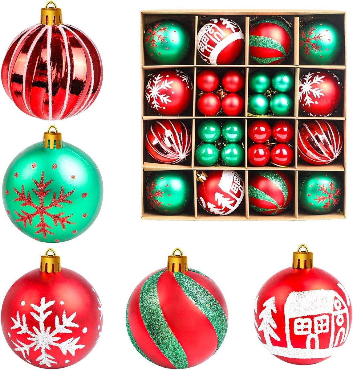 Set van 44 Kerstballen in Rood en Groen, 6 cm en 3 cm, Perfecte Decoraties voor Binnen en Buiten, Kerstboom Versiering