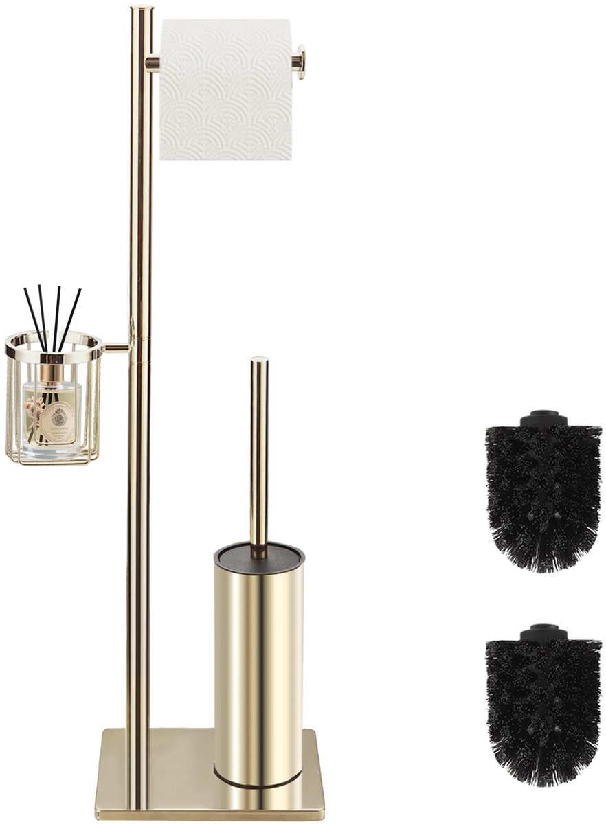 WC-Borstelset - 3-in-1 met toiletpapierhouder en opbergmand, vrijstaand RVS, minimalistisch en ruimtebesparend - Voor toilet - Goud
