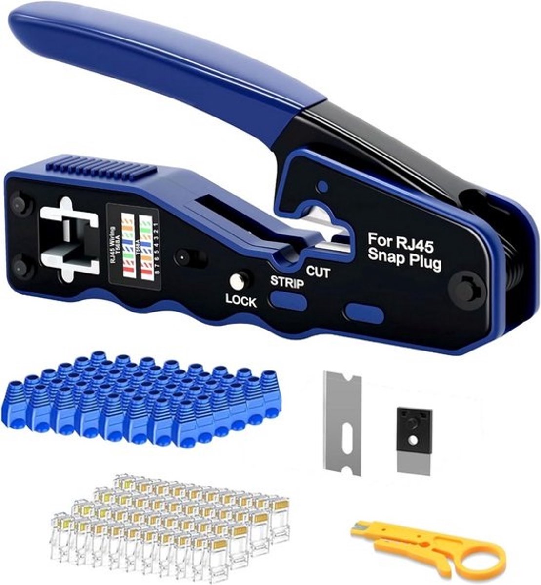 Professionele RJ45 Krimptang voor Netwerkkabels met 50 Pass-Through Connectoren en Kabeltester