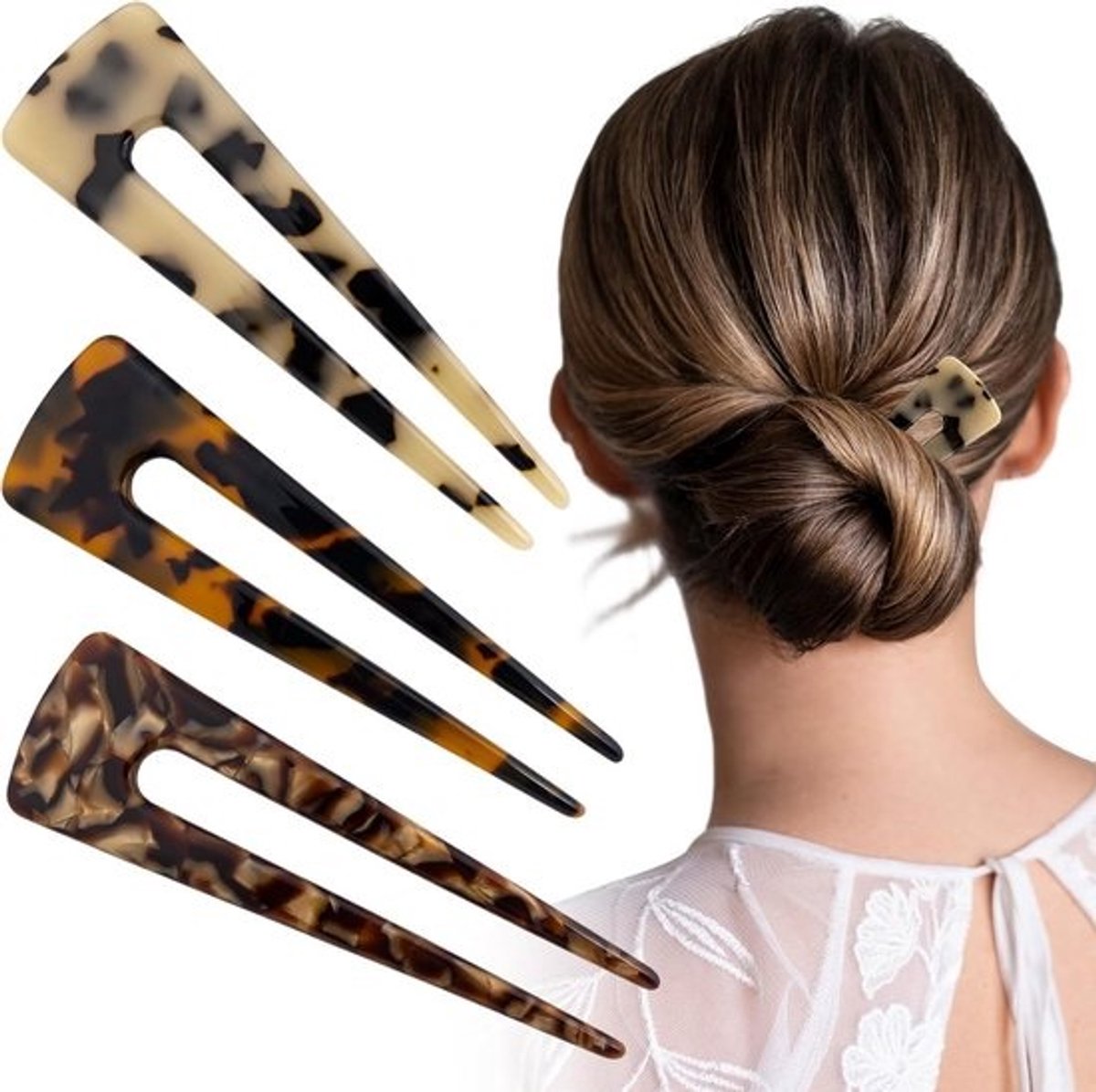 Set van 3x U-vormige Haarvorken 10,6 cm - Vintage Acetate Haarspelden voor Dik en Lang Haar