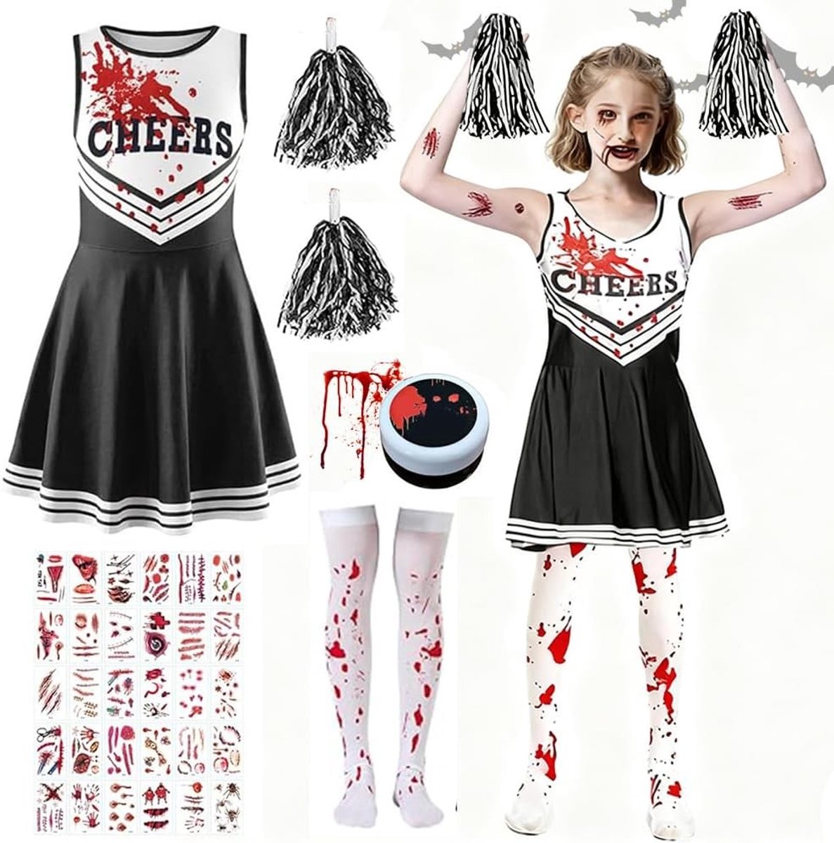 Leuke Cheerleader Kostuum voor Kinderen met Pompoms, Sokken, Polsband en Haaraccessoires voor Carnaval, Halloween en Themafeesten