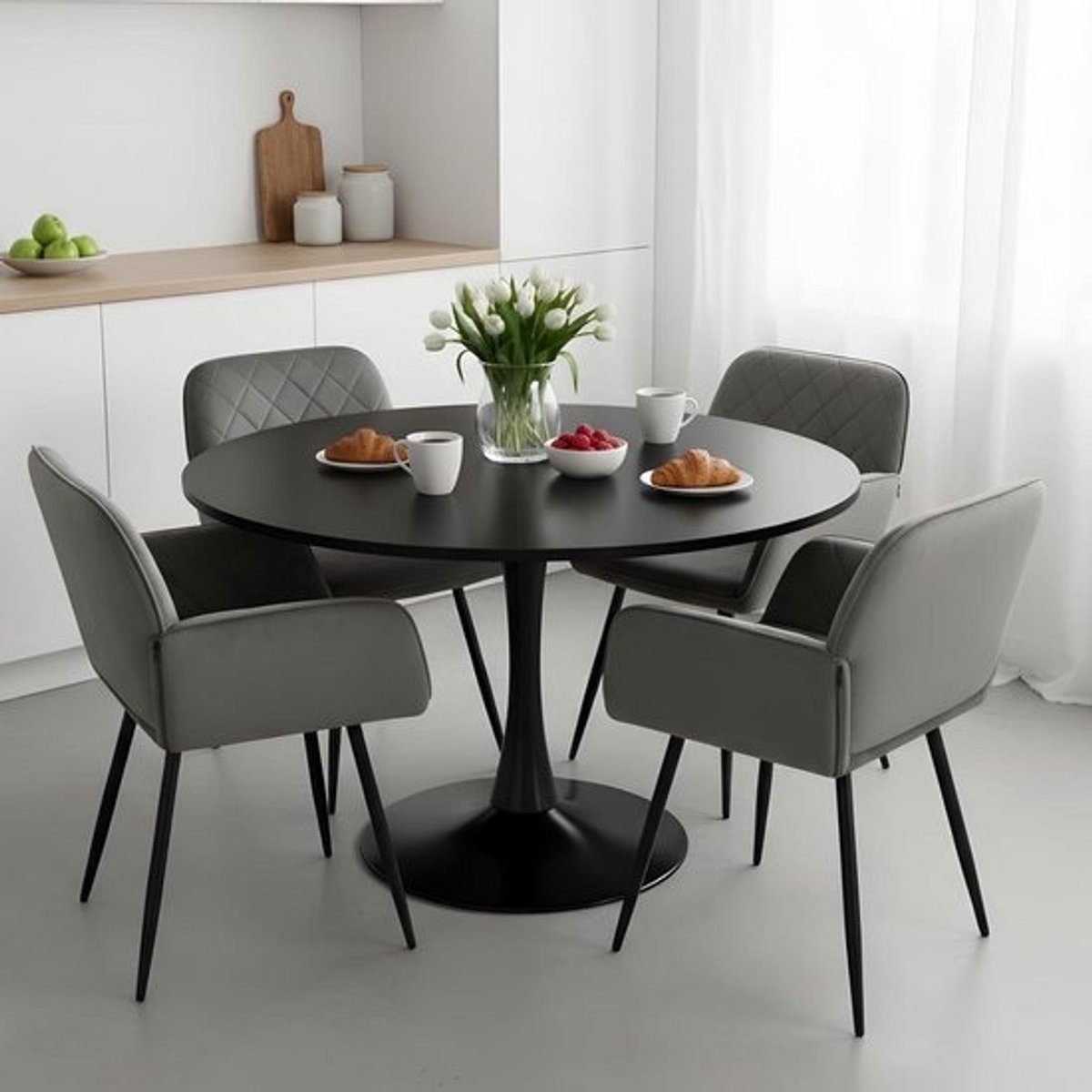 Eettafel met 4 stoelen - Eetkamerset Tafelset - Gezellig dineren - Fluwelen stoelen met armleuningen - 110 cm rond