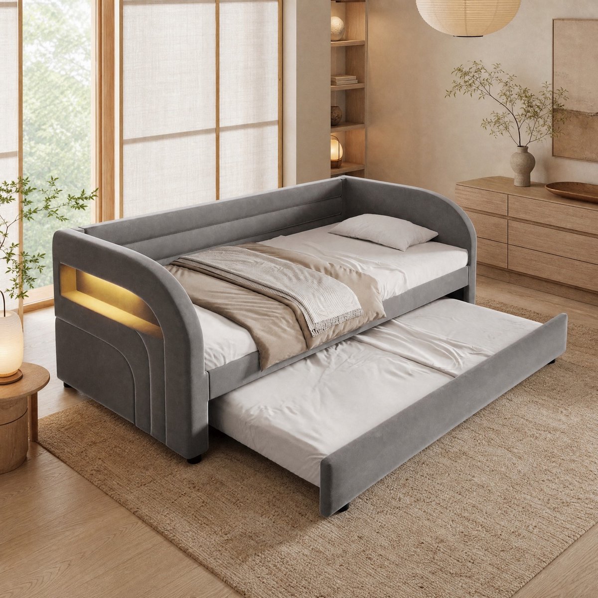 MODENUIT Bed 90 x 200 cm - Uitziehbed Met LED-Verlichting - Kinderkamer En Logeerkamer - Stof - Grijs