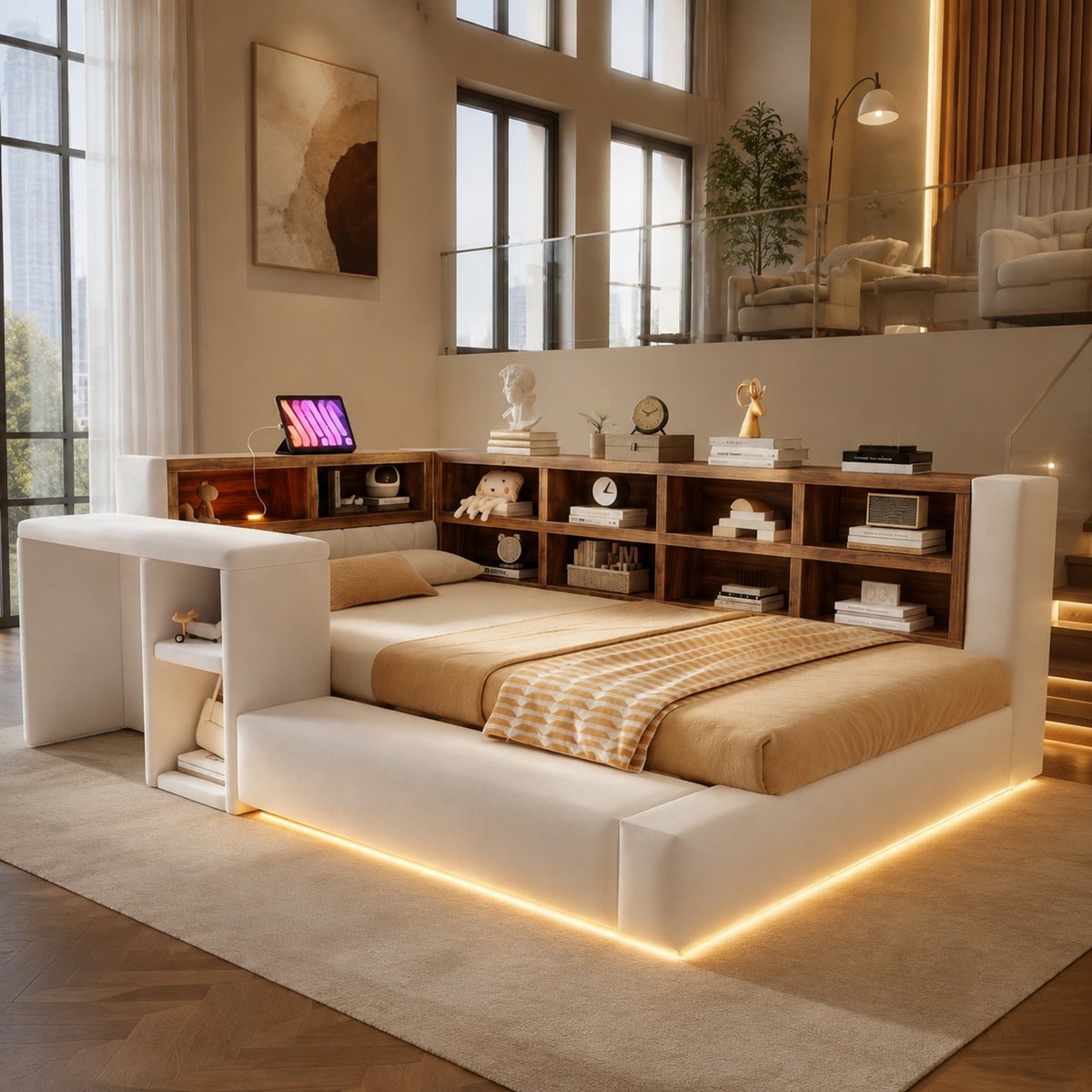 Gestoffeerd Bed 90 x 200 cm - Met Opbergruimte, LED en Stopcontacten - Slaapkamer - Stof - Beige
