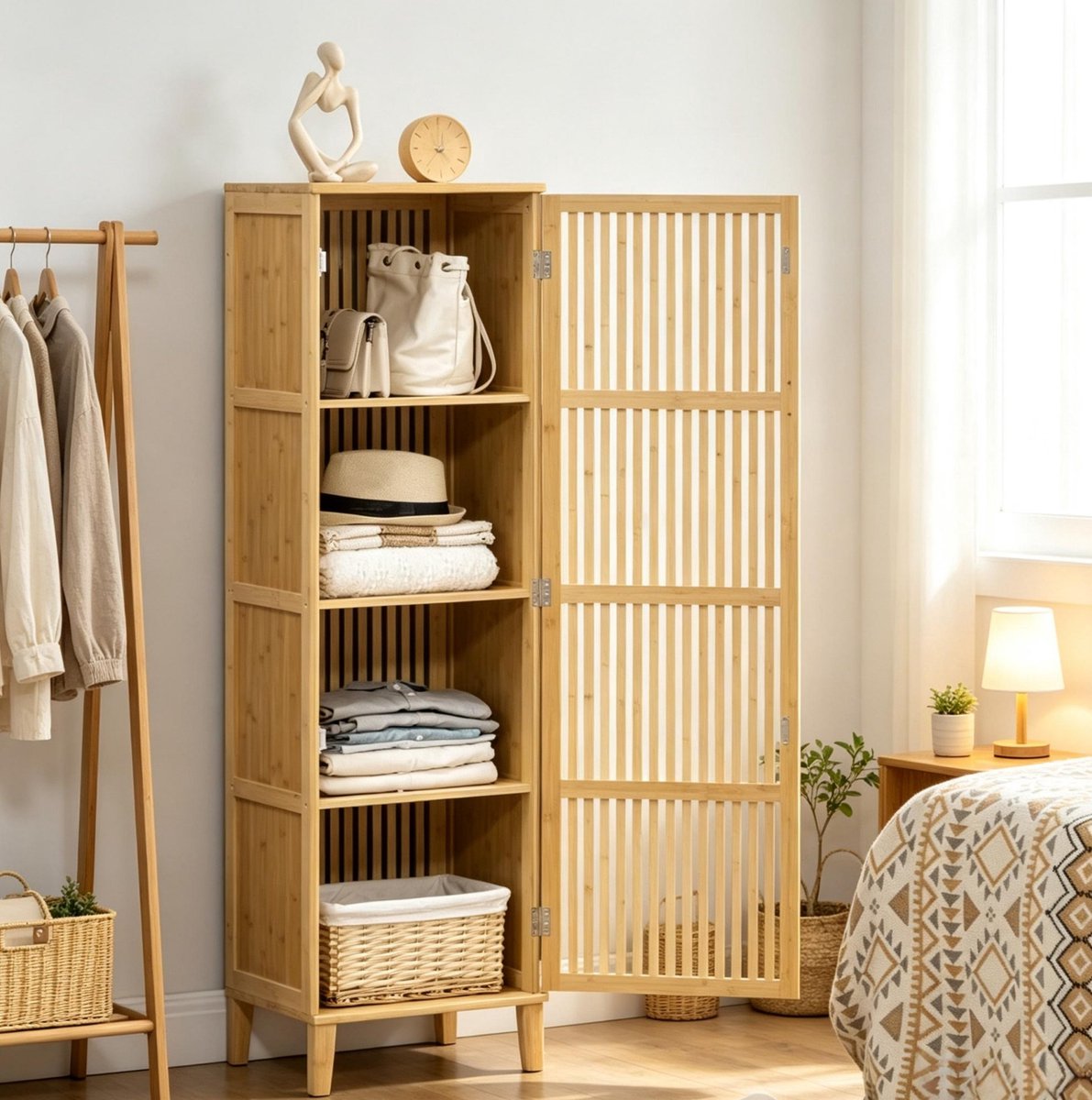 DESMIU Opbergkast Voor Pc Behuizing - Bamboe Met Deur En Ventilatielamellen - Compact Hoog Model Voor Woonkamer En Badkamer - Natuurlijk - 40x30x140 Cm