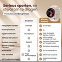 Vergelijkingstabel van smartwatches, met een gouden smartwatch met vijf bandjes aan de rechterkant.