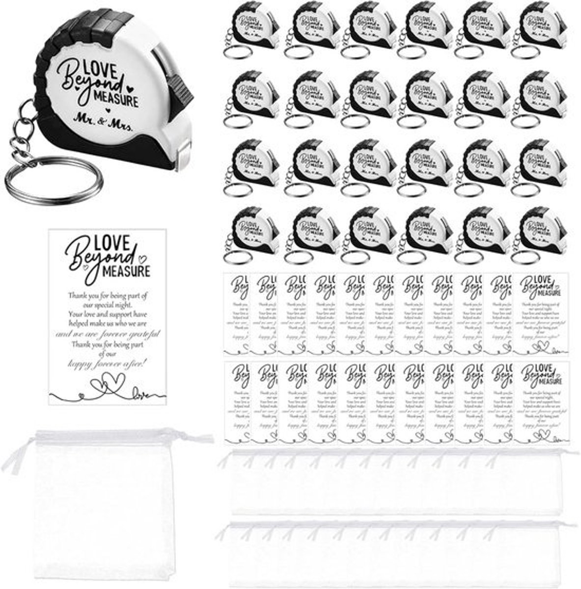 Gastgeschenken voor Bruiloft - 25 Stuks - Kleine Bedankjes, Sleutelhanger met Kaarten en Cadeauzakjes voor Communie en Babyshower
