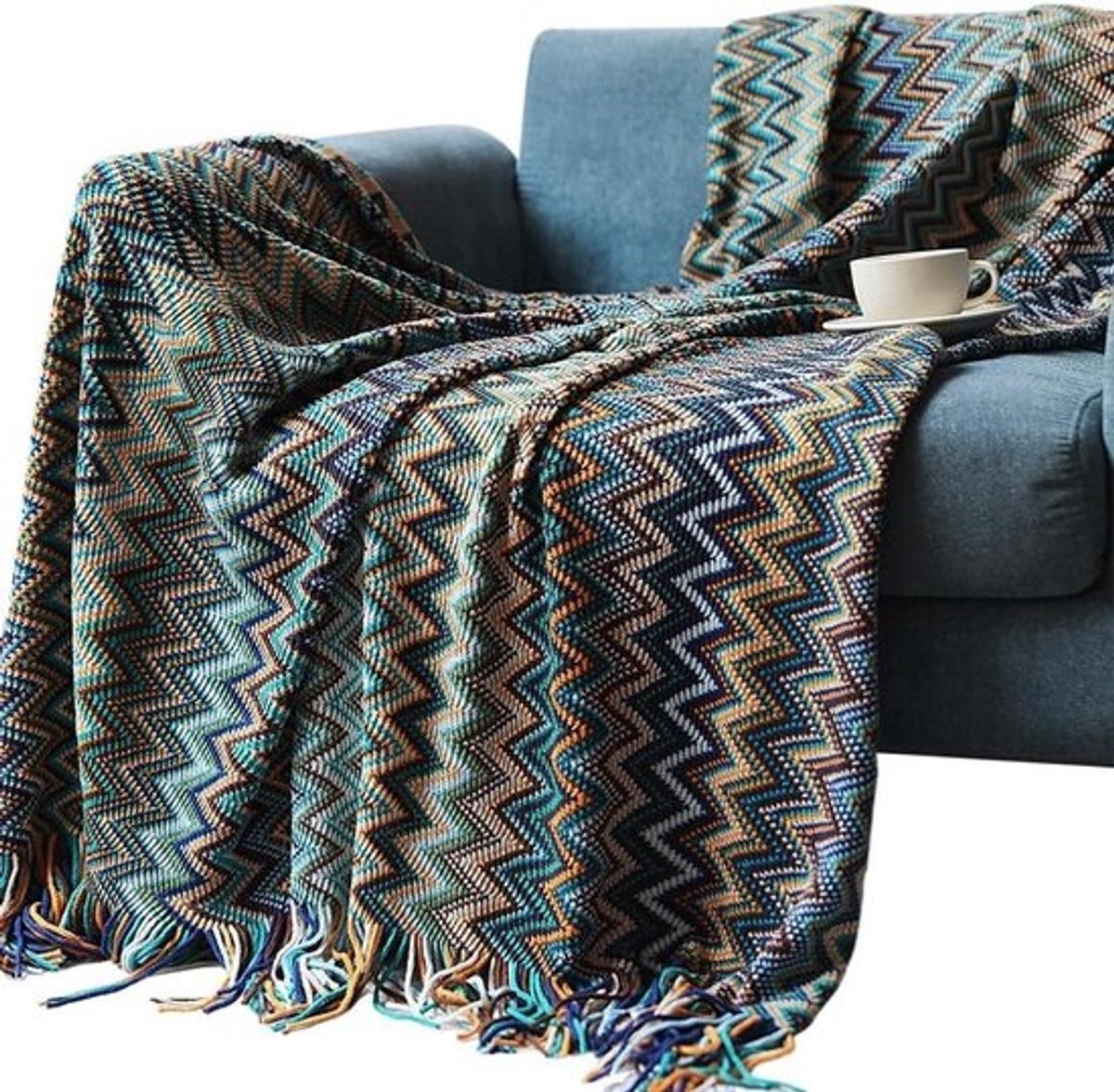 Bank Plaid - Slaapkamer deken - Gezelligheid creëren - Boheems kleurblok ontwerp - 127 x 180 cm - Blauw