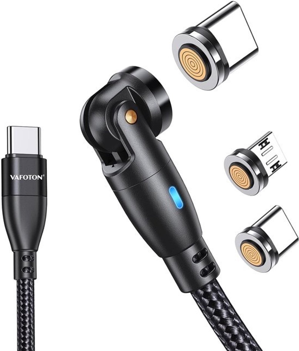 9-pins magnetische USB C-kabel - 2 m, 60 W, snel opladen, 3 A, 360 graden draaibaar