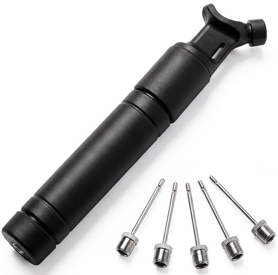 Pompe à main noire avec cinq aiguilles de valve argentées.