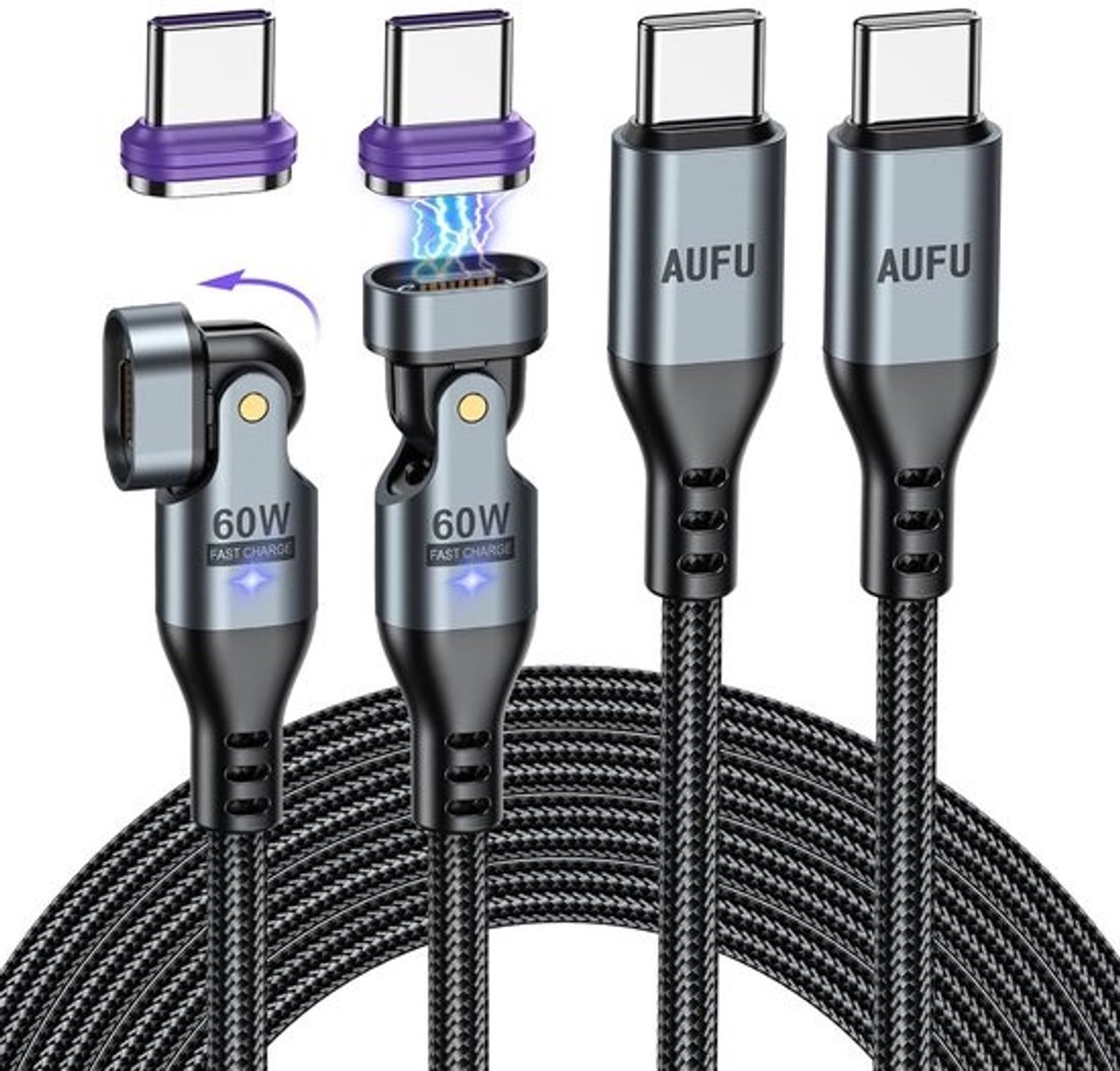 Magnetische USB-C Oplaadkabel 2 Stuks (1m & 2m) - 180° Draaibaar & Snelladen 60W