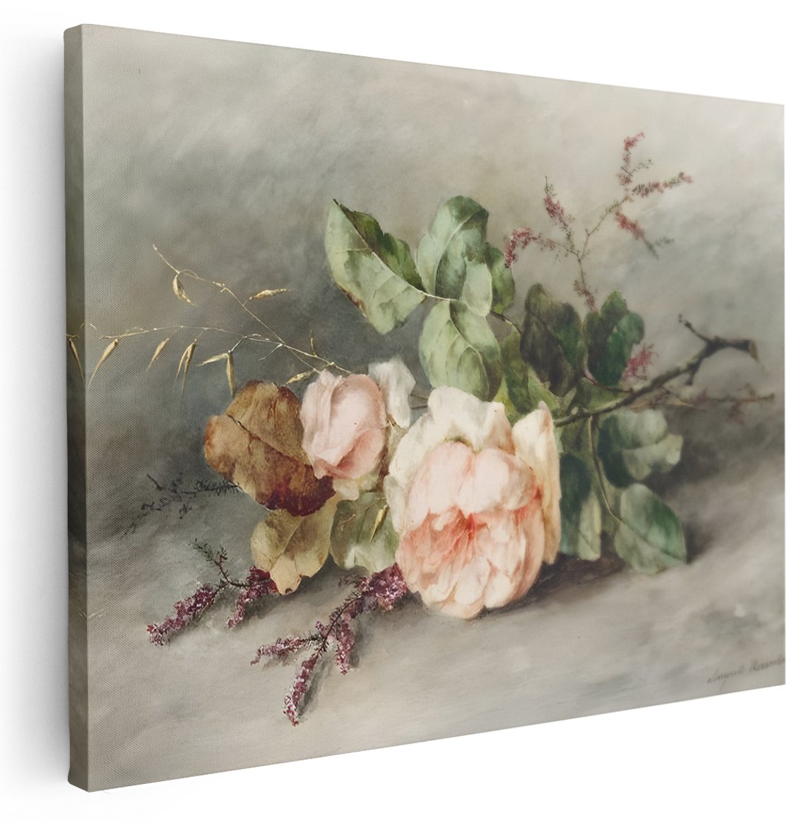 Artaza Canvas Schilderij Stilleven Rozen - 160x120 cm - Groot - Wanddecoratie Romantisch - Muurdecoratie Bloemen - Brocante Woonkamer - Roze