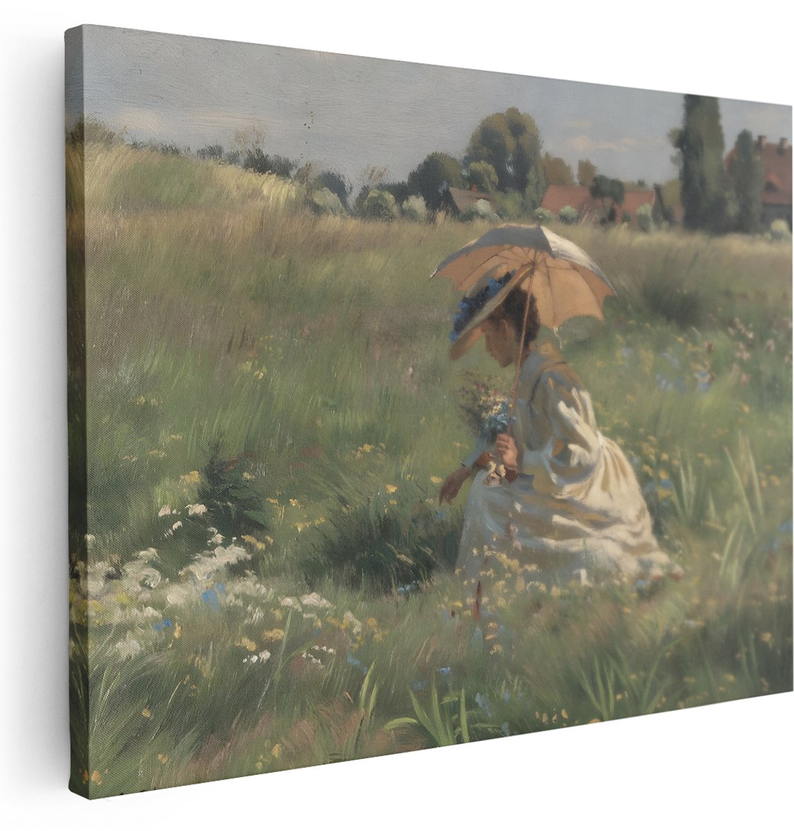 Artaza Canvas Schilderij Bloemenveld - 160x120 cm - Groot - Wanddecoratie Vrouw - Muurdecoratie Landschap - Decoratie Natuur - Kamer Accessoires
