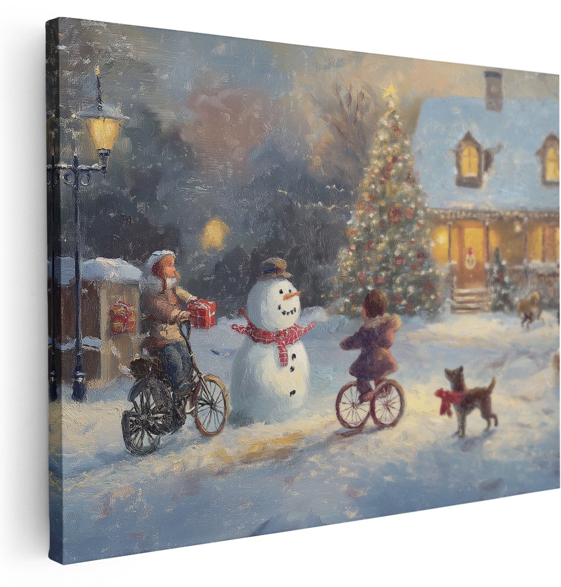 Artaza Canvas Schilderij Winter Tafereel - 160x120 cm - Groot - Wanddecoratie Kerst - Muurdecoratie Sneeuwpop - Schilderijen Op Canvas Kinderen