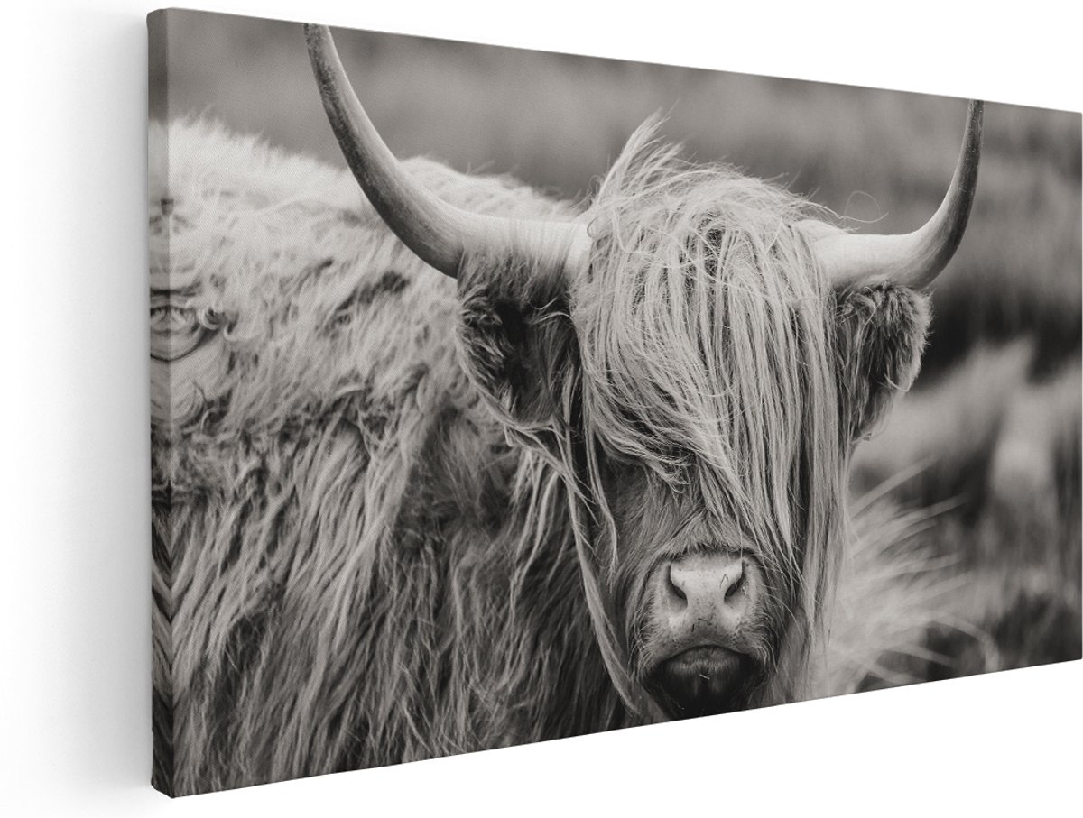 Artaza Canvas Schilderij Schotse Hooglander Koe - Zwart Wit - 180x90 cm - Groot - Wanddecoratie Woonkamer - Schilderijen - Muurdecoratie