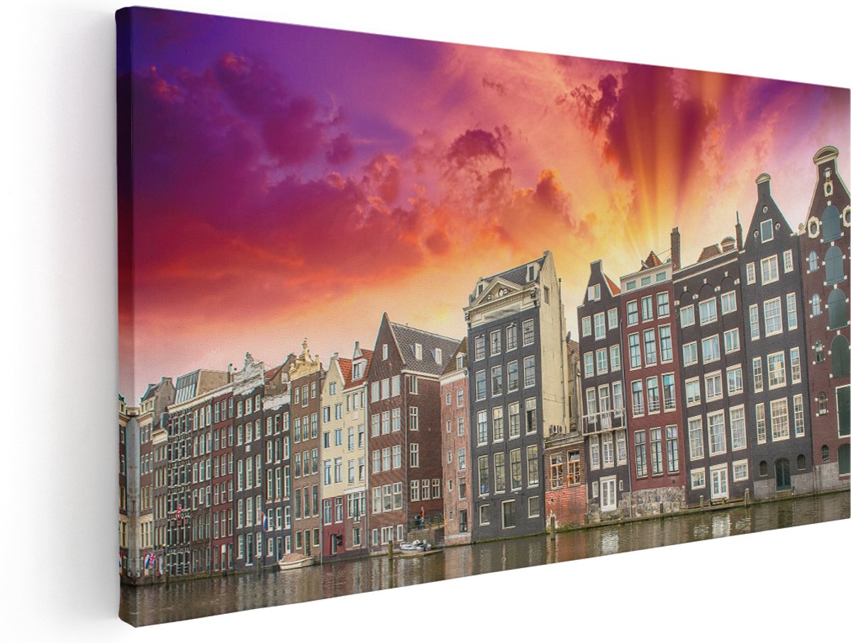 Artaza Canvas Schilderij Amsterdamse Huisjes Bij Het Kanaal - Kleur - 180x90 cm - Groot - Wanddecoratie Woonkamer - Schilderijen - Muurdecoratie
