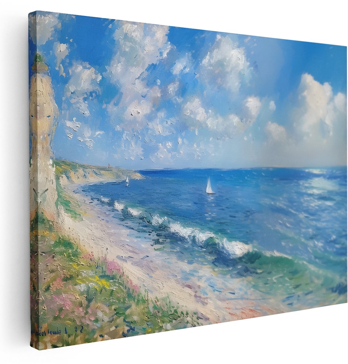 Artaza Canvas Schilderij Kustlandschap - 160x120 cm - Groot - Wanddecoratie Zee - Muurdecoratie Impressionisme - Decoratie Zeilboot Strand - Kamer Accessoires