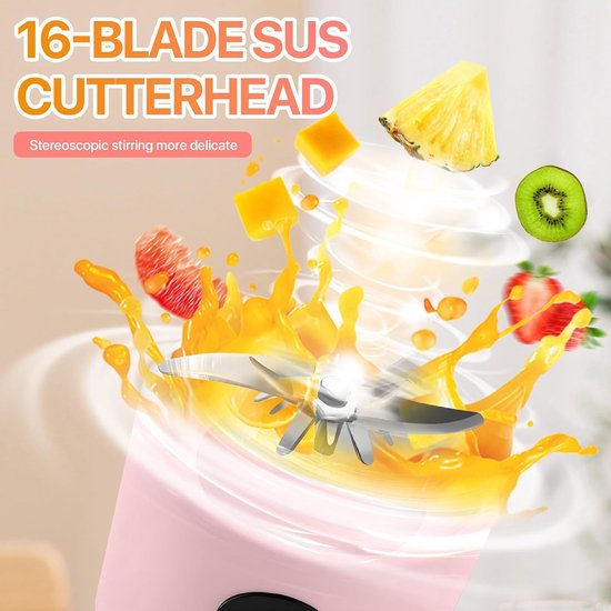 Mini Blender - Draagbare Mixer - Gezonde Drankjes Maken - Krachtige 16-Blads Motor - 500ML Fles - Roze — afbeelding 4