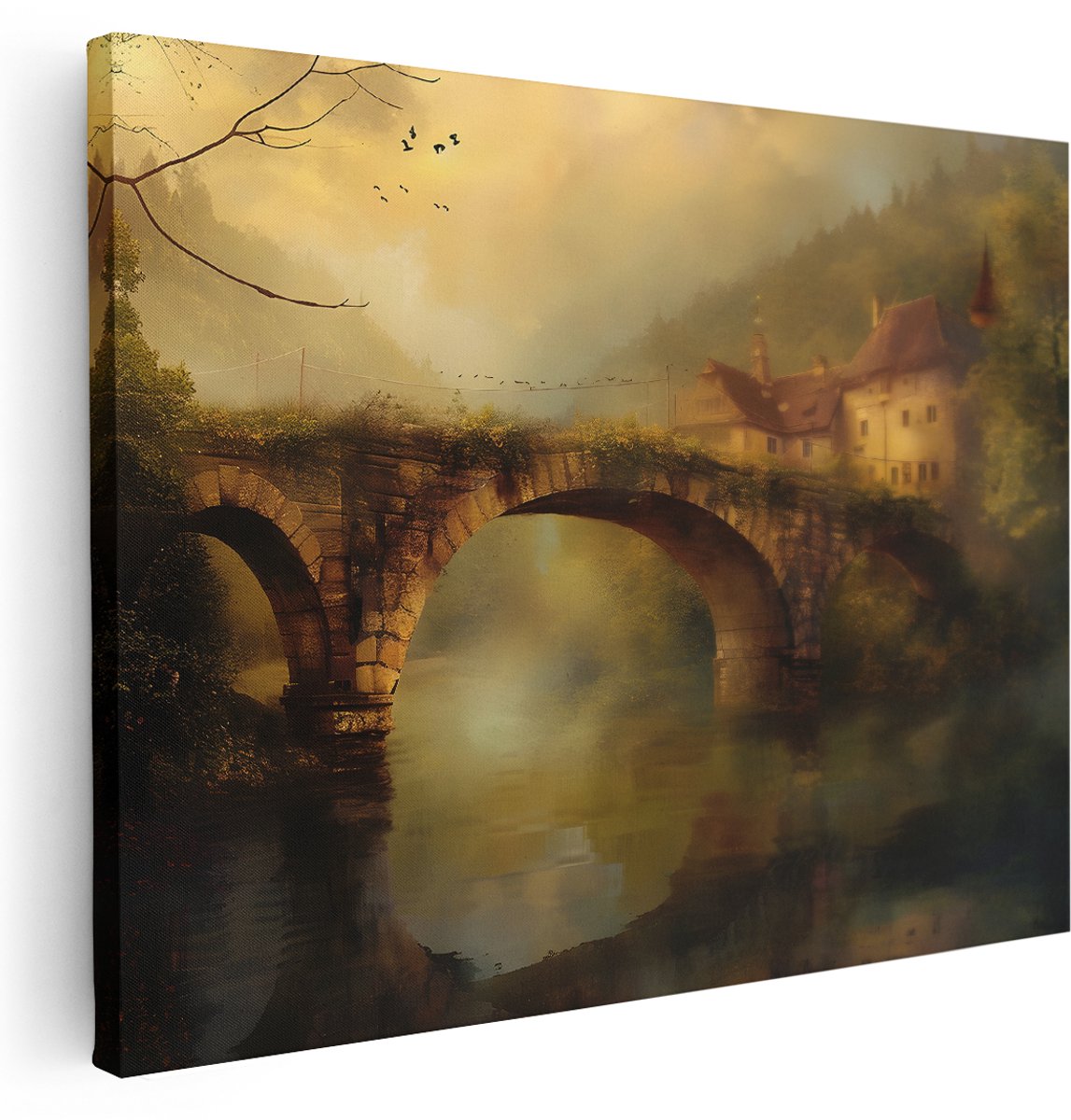 Artaza Canvas Schilderij Natuur - 160x120 cm - Groot - Wanddecoratie Mistige Rivier - Muurdecoratie Dorp - Vintage Landschap Woonkamer