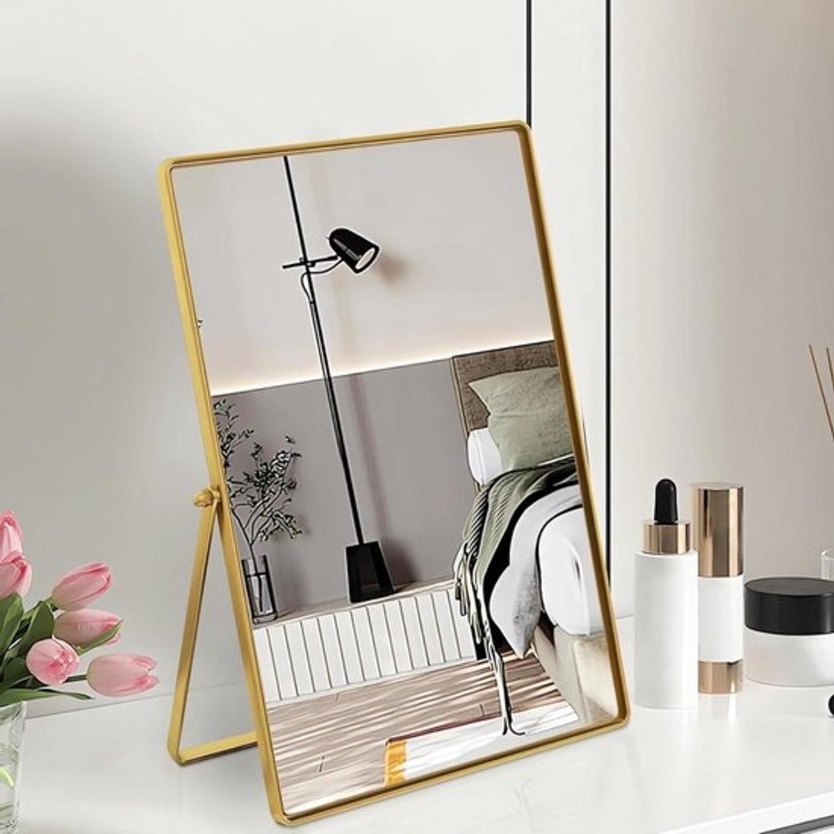 Bureauspiegel met standaard - Tafelspiegel make-up - Dagelijkse verzorging - Verstelbare hoek - 12x9 inch - Goud