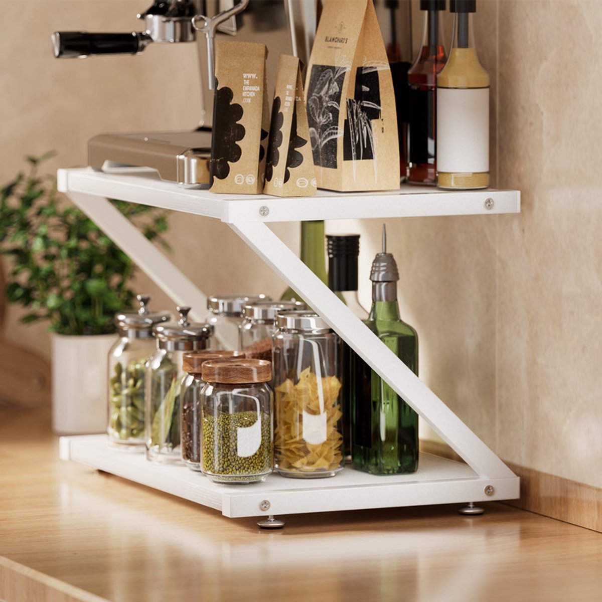 EGGREE Vrijstaand Z-vormig kruidenrek met 2 niveaus - keukenorganizer - aanrechtplank voor keuken - eetkamer en kantoor - Wit - 44 × 28 × 29 cm