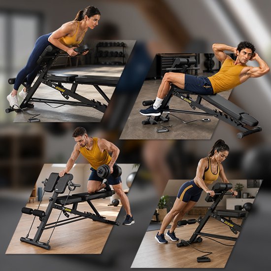 Collage van 4 oefeningen op de fitnessbank: rug extensie, buikspieroefening, arm curl en push-up.