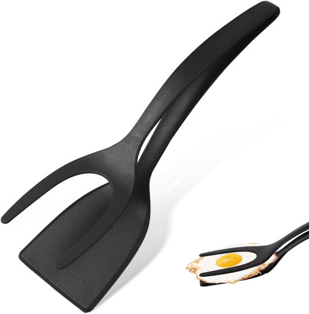 - 2 in 1 Eierspatel - Nylon - Antiaanbaklaag - Koken - Omklapbare Spateltang - Grillklemflipper - Keukengereedschap - Geschikt voor - Zwart - Gebakken Eierdraaiers - Spatel en Tang voor - Toast Taart