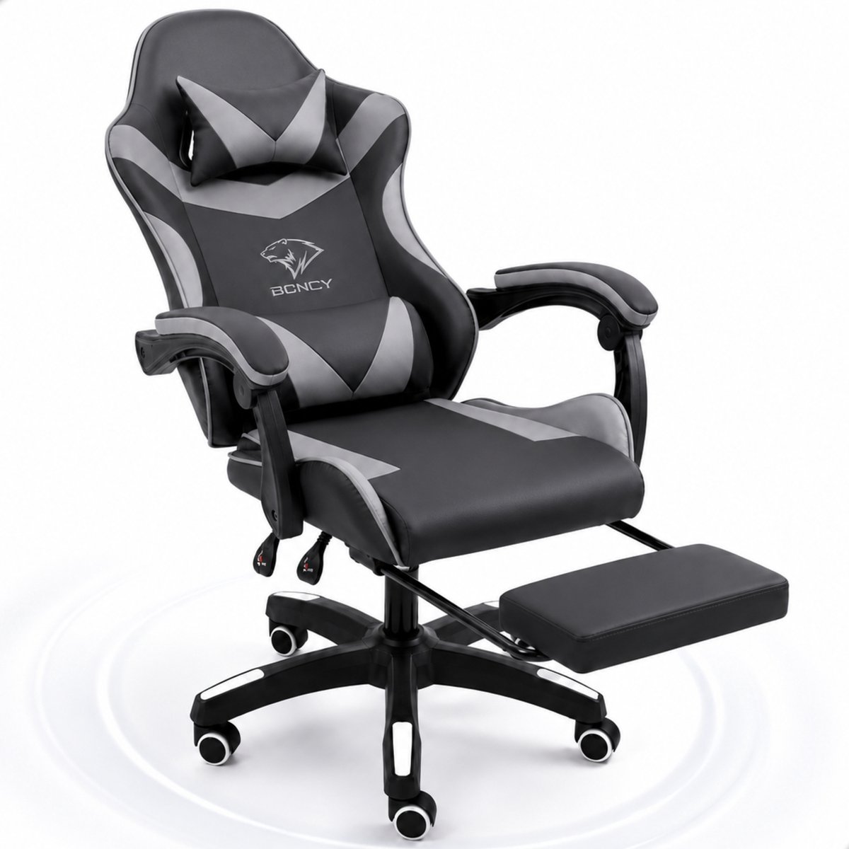 Boncy® Gaming Stoel - Comfortabele Gamestoel met Voetsteun - Game Chair Verstelbaar in Hoogte - 170° Verstelbare Rugleuning - Grijs / Zwart