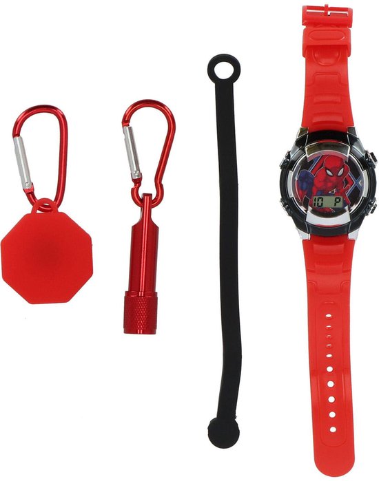 Montre Spiderman rouge avec bracelet noir, étui rouge avec mousqueton et lampe de poche rouge avec mousqueton.