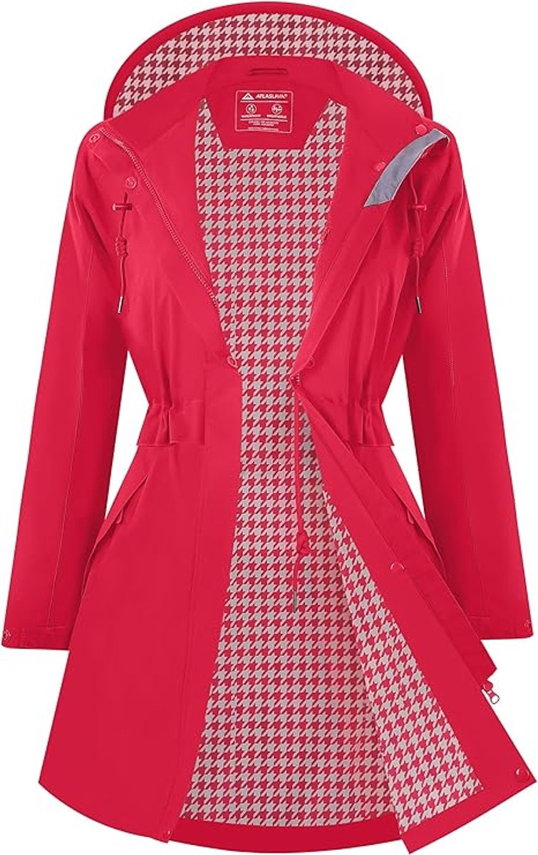 Outdoor Regenjas Dames Waterdicht – Lange Jas met Capuchon Winddicht Ademend en Verstelbare Taille voor Wandelen Kamperen en Dagelijks Gebruik Rood