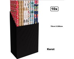 Product afbeelding van 10x Rol inpakpapier 70cm x 200cm Kerst assortie -Feest thema party inpakken kado verschillende dessins