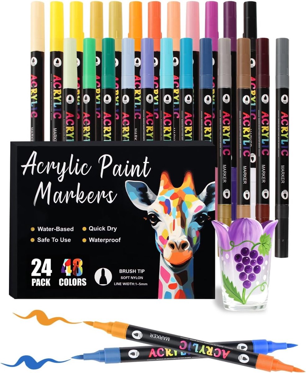 Set van 48 Kleuren Acrylstiften - Dubbelzijdige Penseelpunt - Watervast - Voor Creatieve Projecten