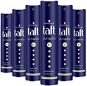 Zes donkerblauwe spuitbussen Taft Ultimate Haarspray, elk met het Taft logo, 'ULTIMATE', '5+' en 'HAIRSPRAY HOLD 5+'
