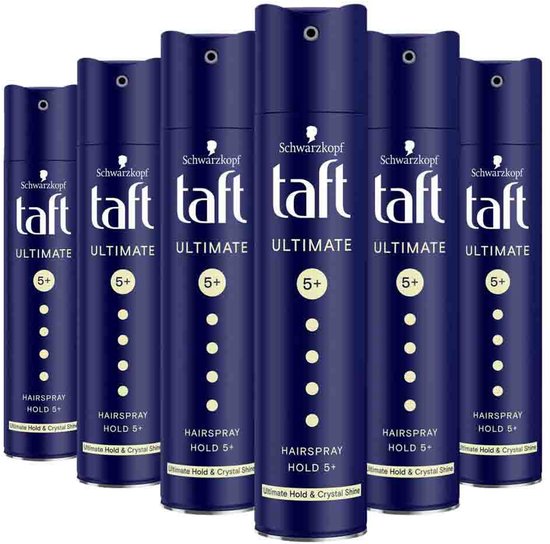 Zes donkerblauwe spuitbussen Taft Ultimate Haarspray, elk met het Taft logo, 'ULTIMATE', '5+' en 'HAIRSPRAY HOLD 5+'