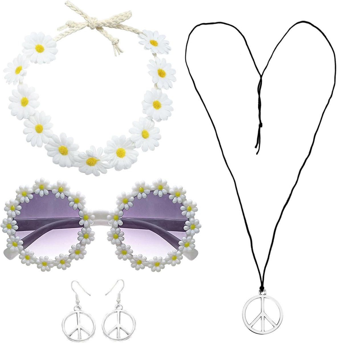 5-delige Hippie Kostuumset met Daisy Hoofdband, Vredesteken Ketting en Retro Zonnebril voor Feestjes en Thema-avonden