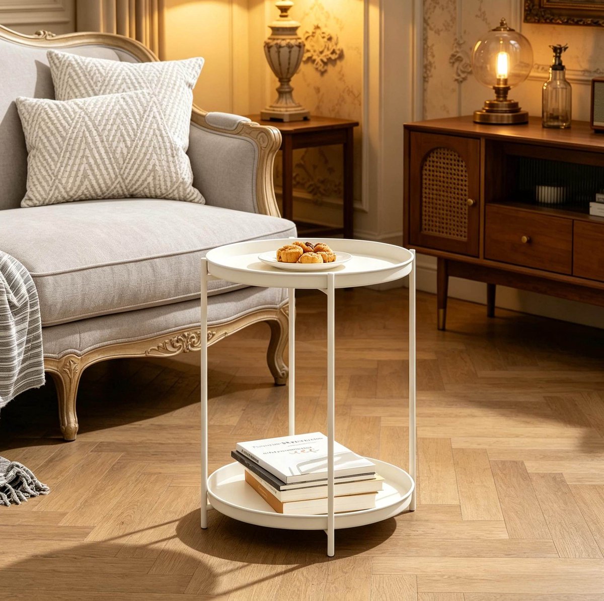 HAUSS SPOLE Bijzettafel Rond Met 2 Afneembare Metalen Leggers En Opbergruimte - Voor Woonkamer Slaapkamer Of Balkon - Metaal - 44x44x53 Cm - Crèmewit